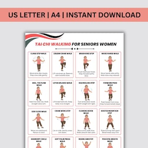 Puede incluir: Una guía imprimible titulada "Tai Chi Walking for Seniors Women" con pasos ilustrados. La guía incluye instrucciones para varios ejercicios de marcha Tai Chi, como Cloud Step Walk y Golden Crane Walk. El texto "US LETTER | A4 | INSTANT DOWNLOAD" está en la parte superior.