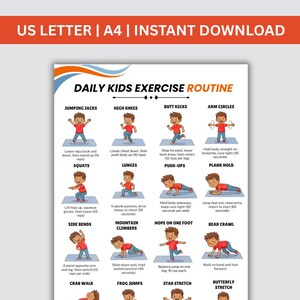 Puede incluir: Un póster imprimible de rutina de ejercicios para niños, con ilustraciones de ejercicios como saltos de tijera, sentadillas y flexiones. Descarga instantánea, disponible en tamaño A4, con el texto 'Daily Kids Exercise Routine'.