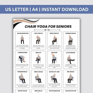 May include: A printable guide titled "Chair Yoga for Seniors" with illustrated poses. The guide includes instructions for various exercises like Seated Mountain, Neck Stretch, and Overhead Reach. The top of the guide has the text "US LETTER | A4 | INSTANT DOWNLOAD".