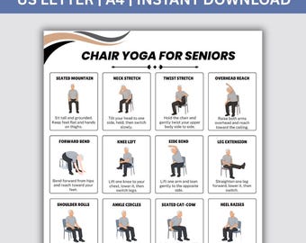 Chair Yoga for Seniors, Seated Chair Exercises Printable, 16 Pose Gentle Yoga Chart for Older Adults, Chair Workout PDF, Tai Chi Poster PDF