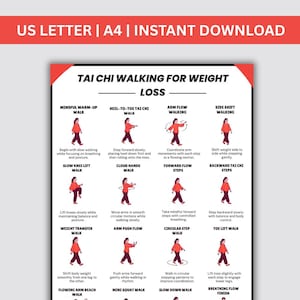 May include: A printable guide titled "Tai Chi Walking for Weight Loss" with illustrated steps. The guide features various walking techniques, including Mindful Warm-Up, Heel-to-Toe Tai Chi Walk, and Arm Flow Walking. The text "US LETTER | A4 | INSTANT DOWNLOAD" is at the top.