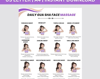 Tabla imprimible de masaje facial Gua Sha, rutina de drenaje linfático facial, guía de automasaje para el cuidado de la piel, guía de masaje de la mandíbula para mujeres, PDF