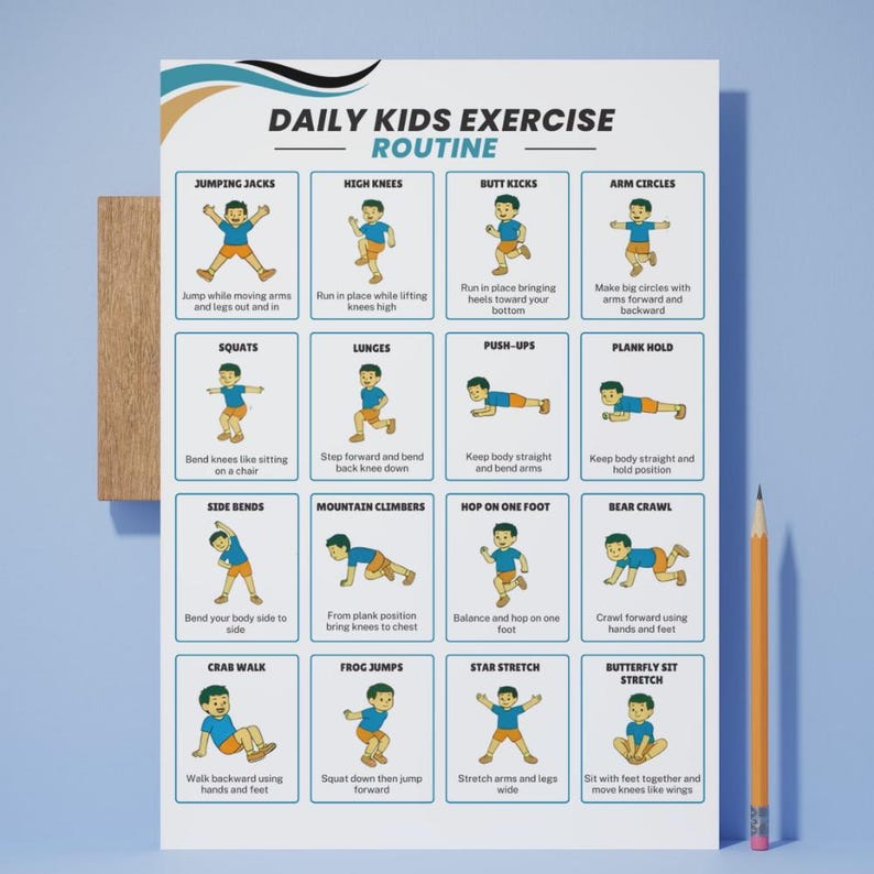 Kids Exercise Chart Printable – 16 Daily Workout Moves Poster, Kids ...