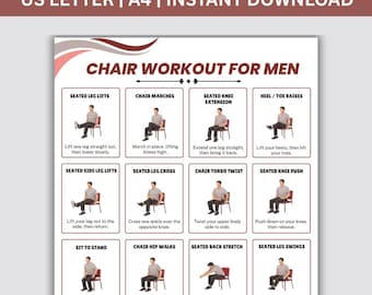 Stoeltraining voor mannen, stoeltrainingstabel, afdrukbare tai chi-oefenkaarten, trainingsschema pdf, stoeloefening pdf, digitale download