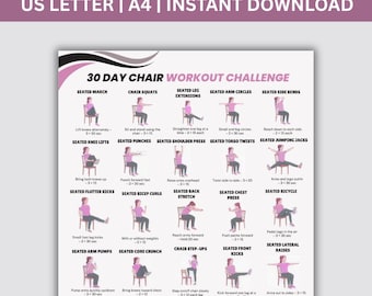 Plan de entrenamiento en silla de 30 días, reto de ejercicios en silla de oficina para personas mayores y principiantes sin equipo, fitness de bajo impacto, tabla de ejercicios sentados en PDF