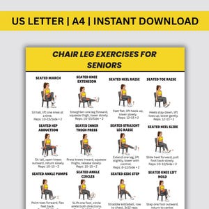 Könnte beinhalten: Ein Übungsdiagramm mit dem Titel CHAIR LEG EXERCISES FOR SENIORS, das zwölf Illustrationen einer Person in gelbem Oberteil und grauer Hose bei sitzenden Bewegungen zeigt. Der Text enthält US LETTER | A4 | INSTANT DOWNLOAD und Anleitungen.