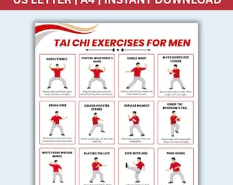 Afdrukbare tai chi-oefeningen voor mannen, tai chi-workoutschema, tai chi-oefenschema pdf, tai chi-poster, pdf-trainingsplan thuis, digitale print