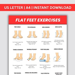 May include: A digital exercise chart titled FLAT FEET EXERCISES featuring illustrations of feet performing various movements including toe curls, toe spreads, heel raises, arch lifts, towel scrunch, marble pickup, foot rolling, and ankle circles.