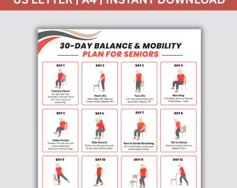 30 dagen evenwichts- en mobiliteitsplan voor senioren afdrukbaar, trainingsschema oudere stoelen, lage impact zittende oefeningen voor volwassenen, trainingsschema pdf