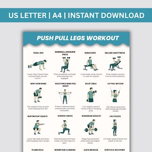 May include: A digital workout chart titled PUSH PULL LEGS WORKOUT featuring twelve illustrated exercises with instructions. The poster includes US LETTER and A4 sizing options. Each section displays a figure performing movements like push-ups, squats, and deadlifts with descriptive text for each exercise.