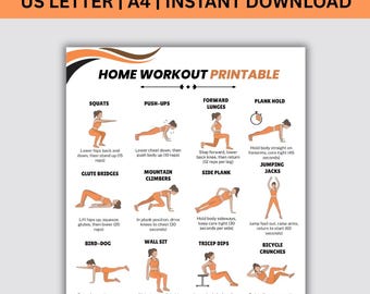 Plantilla imprimible para entrenamiento en casa: 16 ejercicios sin equipo, planificador de fitness, tabla de ejercicios para decorar la pared del gimnasio en casa, póster de entrenamiento de cuerpo completo en formato PDF A4.