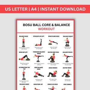 May include: A white instructional poster titled BOSU BALL CORE & BALANCE WORKOUT featuring twelve illustrations of a person in a red shirt and black leggings performing exercises on a black balance ball with text instructions for each movement.
