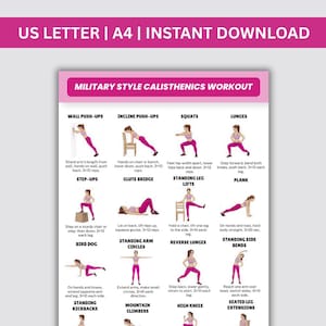 Może przedstawiać: Różowy i biały wydrukowany wykres treningowy zatytułowany "Military Style Calisthenics Workout". Wykres zawiera ilustrowane ćwiczenia, takie jak pompki, przysiady, wykroki i step-upy, z instrukcjami.