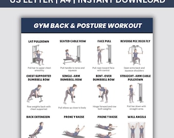 Allenamento per schiena e postura in palestra per uomini over 40, tabella di esercizi per la schiena stampabile in PDF, routine di allenamento posturale, poster guida fitness, download digitale