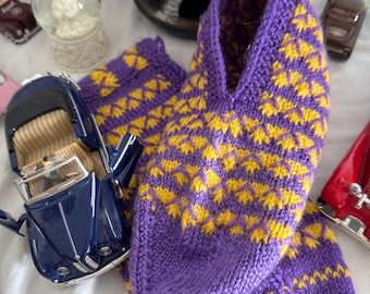 Handmade Purple and Yellow Knitted Slippers – Traditional Anatolian Patterned Wool Home Shoes - Patik