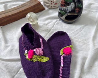 Handmade Crochet Slippers • Purple Floral Embroidered Knit House Shoes