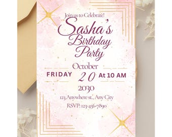May include: A birthday party invitation with a watercolor background in pink and gold. The invitation includes the text "Join us to Celebrate! Sasha's Birthday Party" and event details. A gold envelope is visible in the background.