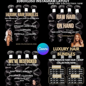 Black & Gold Luxury Hair Flyer Bundle | 4 Editable Canva Templates for Hair Brands, Wig Sellers Beauty Entrepreneurs