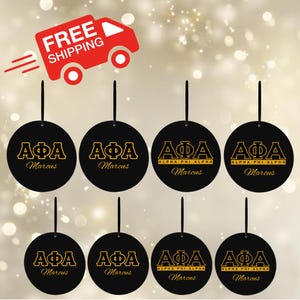 Juego de adornos personalizados Alpha Phi Alpha: discos con letras griegas en negro y dorado
