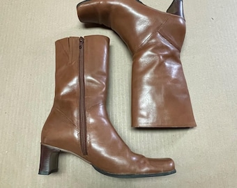 Botas vintage Diba para mujer, talla 5, de 28 cm de altura, de piel color camel, con punta cuadrada y cremallera, estilo bohemio.