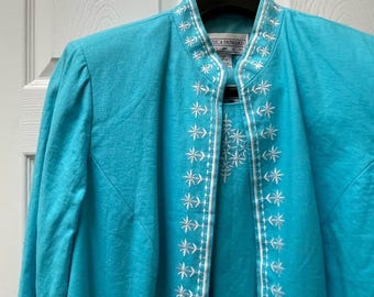 Conjunto vintage de chaqueta y camiseta sin mangas de lino Jessica Howard para mujer, talla 14, bordado en turquesa.
