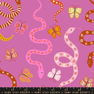 May include: A repeating pattern featuring stylized snakes and butterflies on a pink background. The snakes are in shades of pink, orange, and brown, while the butterflies are yellow, orange, and pink. The design is whimsical and colorful.
