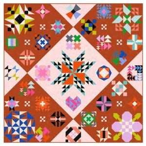May include: A colorful quilt with a geometric pattern. The quilt features various shapes, including stars, squares, and triangles, in shades of orange, pink, blue, green, and black. The quilt is made of fabric and has a brown background.