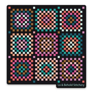 May include: A black square with a colorful, pixelated pattern resembling a patchwork quilt. The design features squares of various colors, including pink, teal, orange, and brown. The text "Lo & Behold Stitchery" is in the bottom right corner.