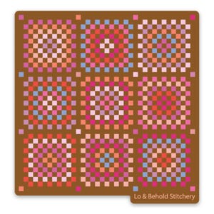 May include: A brown square featuring nine colorful, pixelated squares in a patchwork design. Each square has a different color scheme, including pink, orange, blue, and red. The text "Lo & Behold Stitchery" is in the bottom right corner.