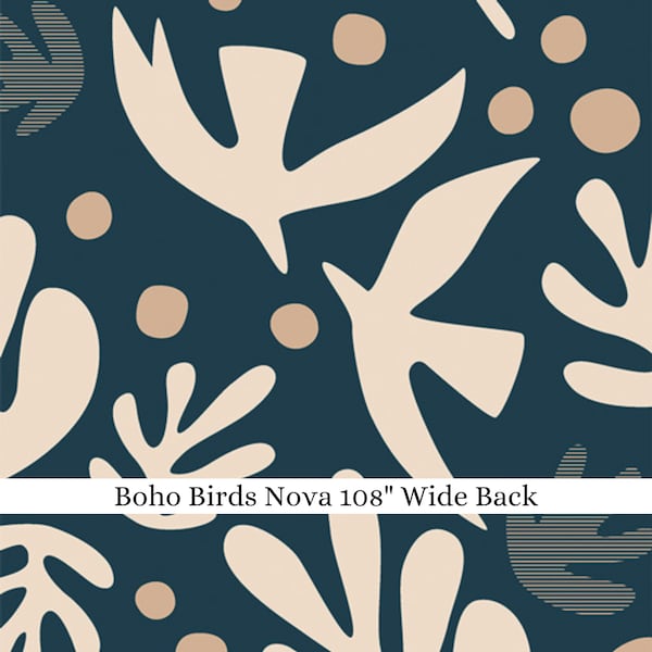 Boho Birds Nova Wideback | 108" Quilt Backing | Duval by Suzy Quilts | Navy with cream birds