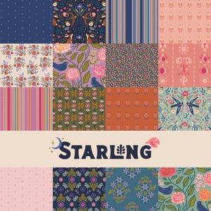 May include: A collection of fabric swatches with various floral and geometric patterns in shades of blue, pink, and green. Some swatches feature birds, flowers, and stripes. The word "STARLING" is displayed in a stylized font.