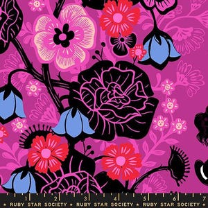 May include: A vibrant fabric featuring a floral pattern in shades of magenta, black, red, and blue. The design includes large, stylized flowers and smaller blossoms, with the text "RUBY STAR SOCIETY" at the bottom.