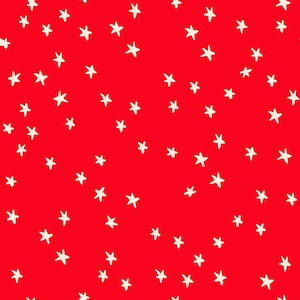 May include: A seamless pattern featuring white, hand-drawn stars scattered across a vibrant red background. The stars vary slightly in size and orientation, creating a playful and whimsical design. This pattern is suitable for various applications.