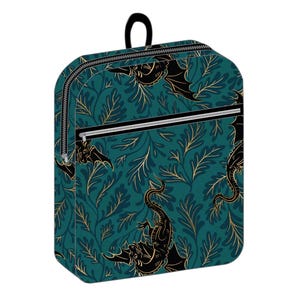 May include: Teal backpack with a repeating pattern of black dragons and gold foliage. The backpack has a black handle, two zippered compartments, and a curved rectangular shape.