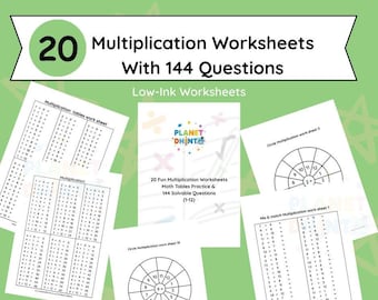 20 feuilles d'exercices de multiplication imprimables | Exercices sur les tables de mathématiques et 144 questions à résoudre pour les enfants