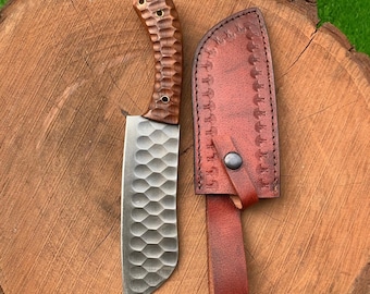 Handmade Carbon Steel | Chef Knife | Hammered Finish with Sculpted Wooden Handle & Leather Sheath