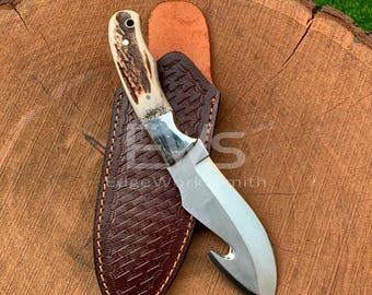 Handcrafted Skinning Knife | Deer Antler Handle | Hunting Knife with Gut Hook | Forged Steel Blade