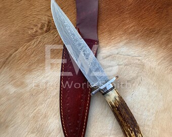 Damascus Steel Knife | Stag Antler Handle | Handmade Fixed Blade | Leather Sheath | Bowie Knife | Gift