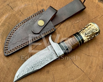 Handmade Damascus Steel Hunting Knife | Stag Antler | Rosewood Handle |  Leather Sheath | Gift for Him