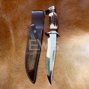 Handcrafted D2 Steel Bowie Knife – Deer Horn Handle, Leather Sheath,  Bushcraft Knife for Outdoorsmen