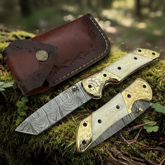 Handmade Damascus Steel Folding Knife | Bone Handle | Brass Bolsters | Engraved Eagle Design | Leather Sheath