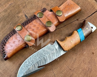Damascus Gut Hook Hunting Knife | Handmade Skinning Knife | Turquoise & Wood Handle | Gift For Him
