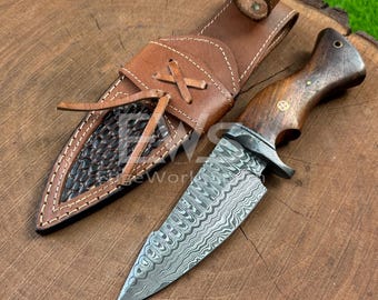 Handmade Damascus Hunting Knife | Custom Fixed Blade | Wooden Handle | Full Tang Outdoor Knife | Gift