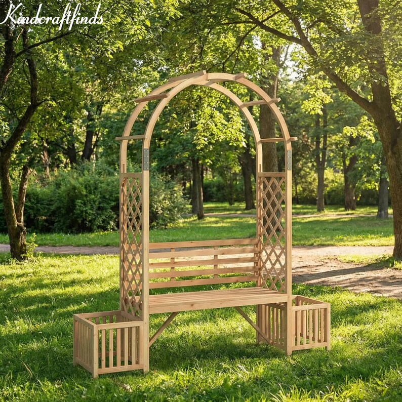 Wooden Garden Arbor Bench With Planters, Outdoor Arch Trellis Seat - Etsy