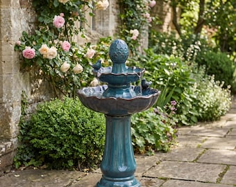 Turquoise Ceramic Bird Bath Fountain, 2-Tier Outdoor Water Feature, Cottage Garden Decor, Patio Yard Porch Standing Basin,