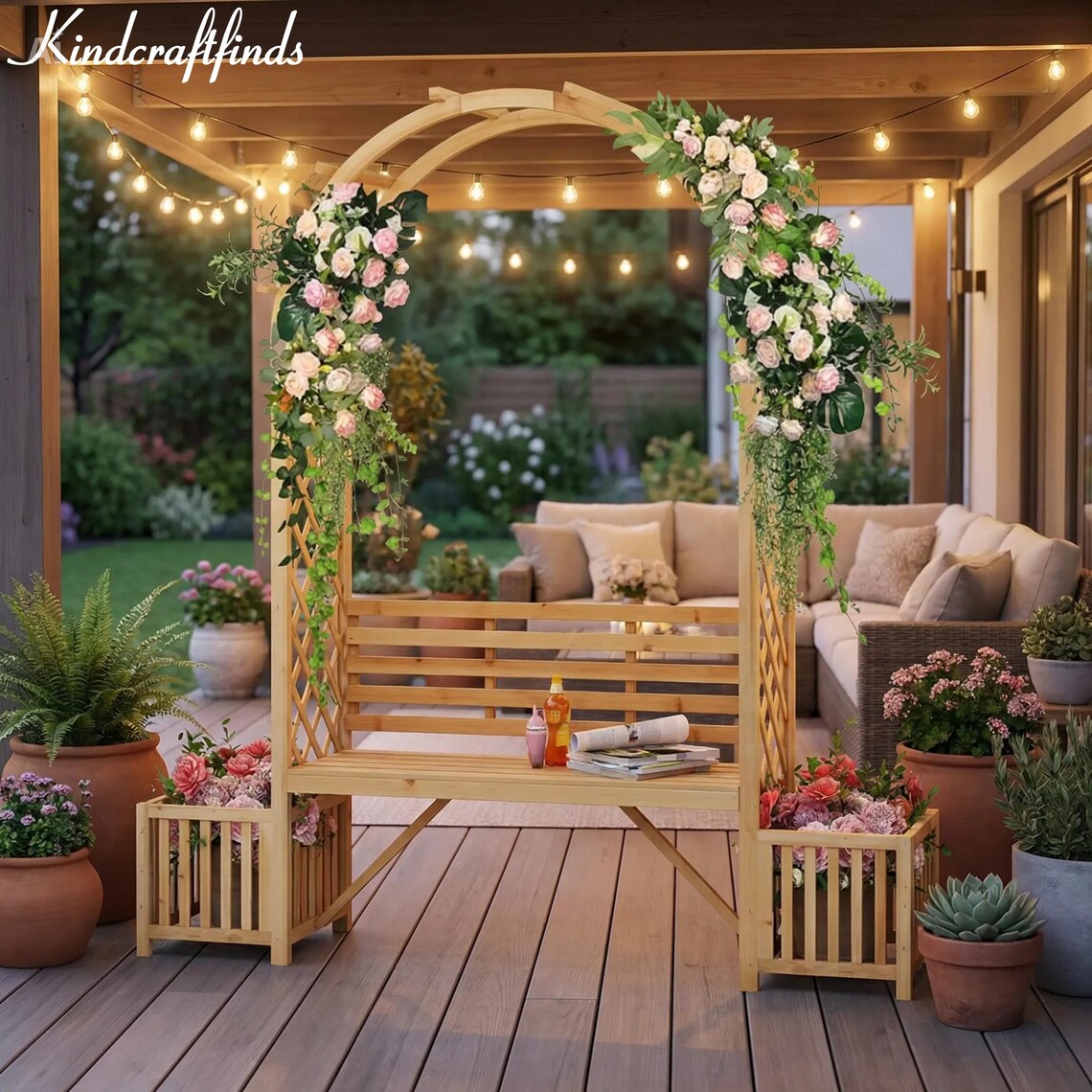 Wooden Garden Arbor Bench With Planters, Outdoor Arch Trellis Seat - Etsy