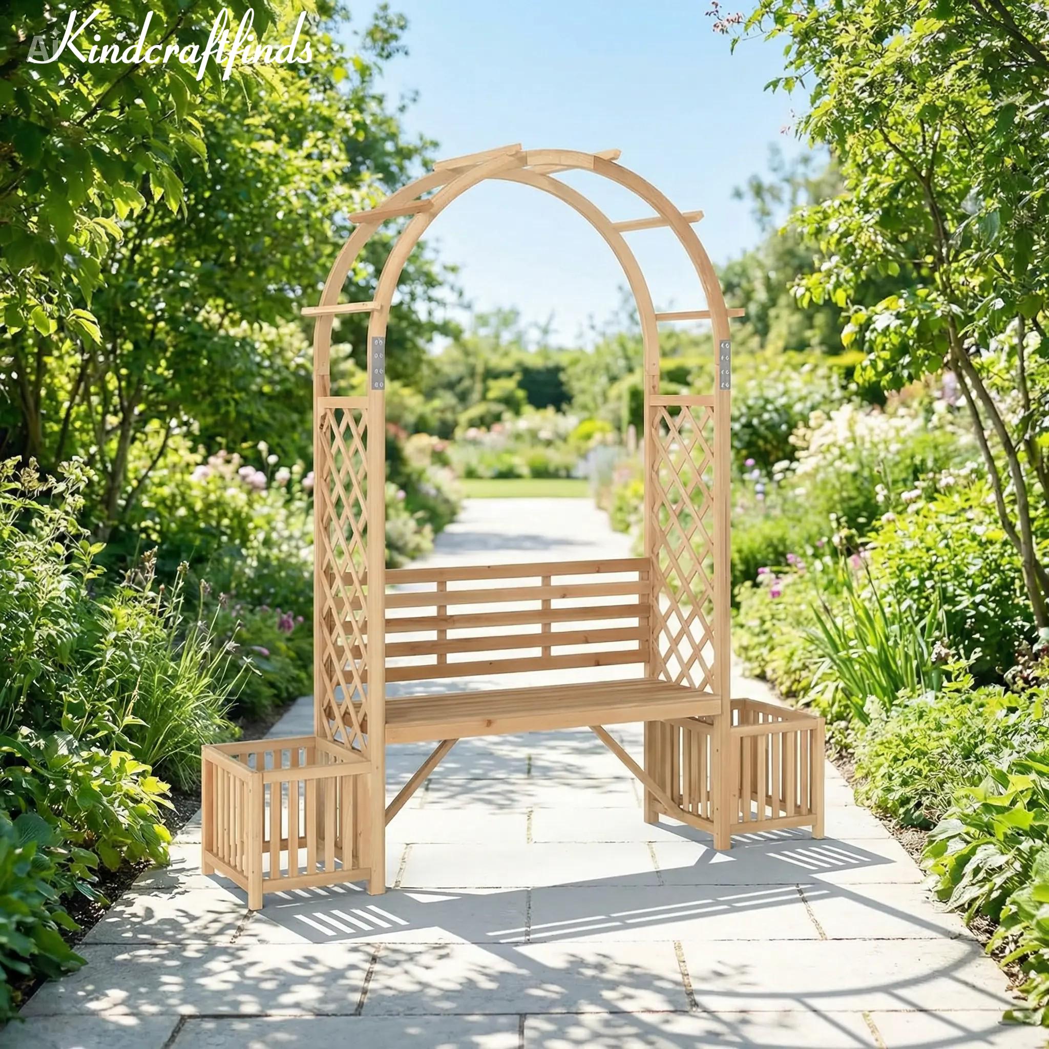 Wooden Garden Arbor Bench With Planters, Outdoor Arch Trellis Seat - Etsy