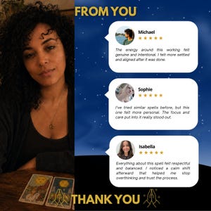 May include: A graphic display featuring three customer reviews with five-star ratings from Michael, Sophie, and Isabella. The text includes testimonials about energy, spells, and personal focus. Two tarot cards, The Sun and The Moon, are visible below.