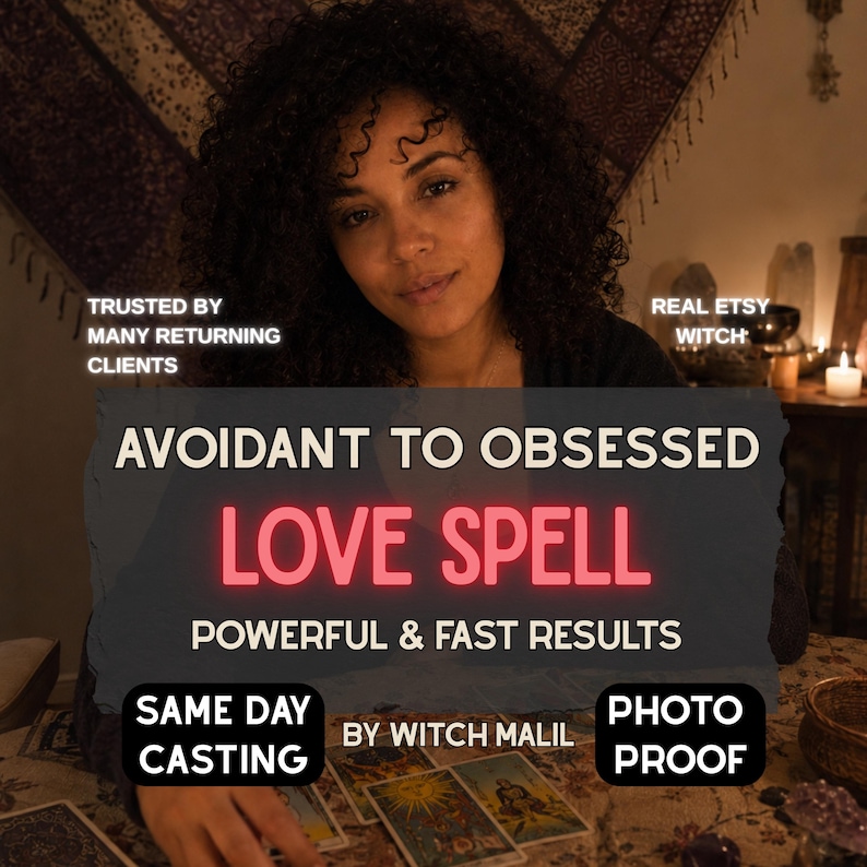 Peut inclure: Une personne aux cheveux noirs boucl&eacute;s derri&egrave;re une superposition gris fonc&eacute; avec du texte blanc et rouge indiquant : TRUSTED BY MANY RETURNING CLIENTS, REAL ETSY WITCH, AVOIDANT TO OBSESSED LOVE SPELL, POWERFUL & FAST RESULTS, SAME DAY CASTING, BY WITCH MALIL, PHOTO PROOF.