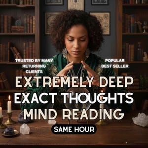 Puede incluir: Imagen que promociona servicios de lectura de la mente. La imagen presenta a una persona con cabello rizado, vestida con una blusa verde y joyas, mirando una bola de cristal. El texto incluye "EXTREMELY DEEP EXACT THOUGHTS MIND READING" y "SAME HOUR."